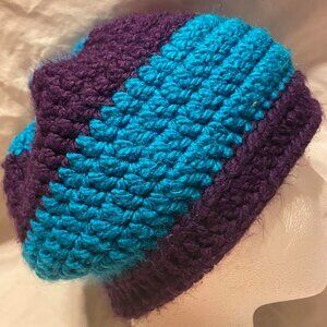 🐻New Adult Beanie - Chunky Handmade Teal and Dark Purple  9" Long 20"-22" w/Str